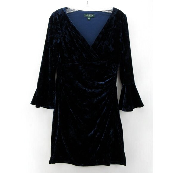 Lauren Ralph Lauren Dress 4 Velvet Wrap Ruched Party Flared Sleeve - Picture 1 of 11